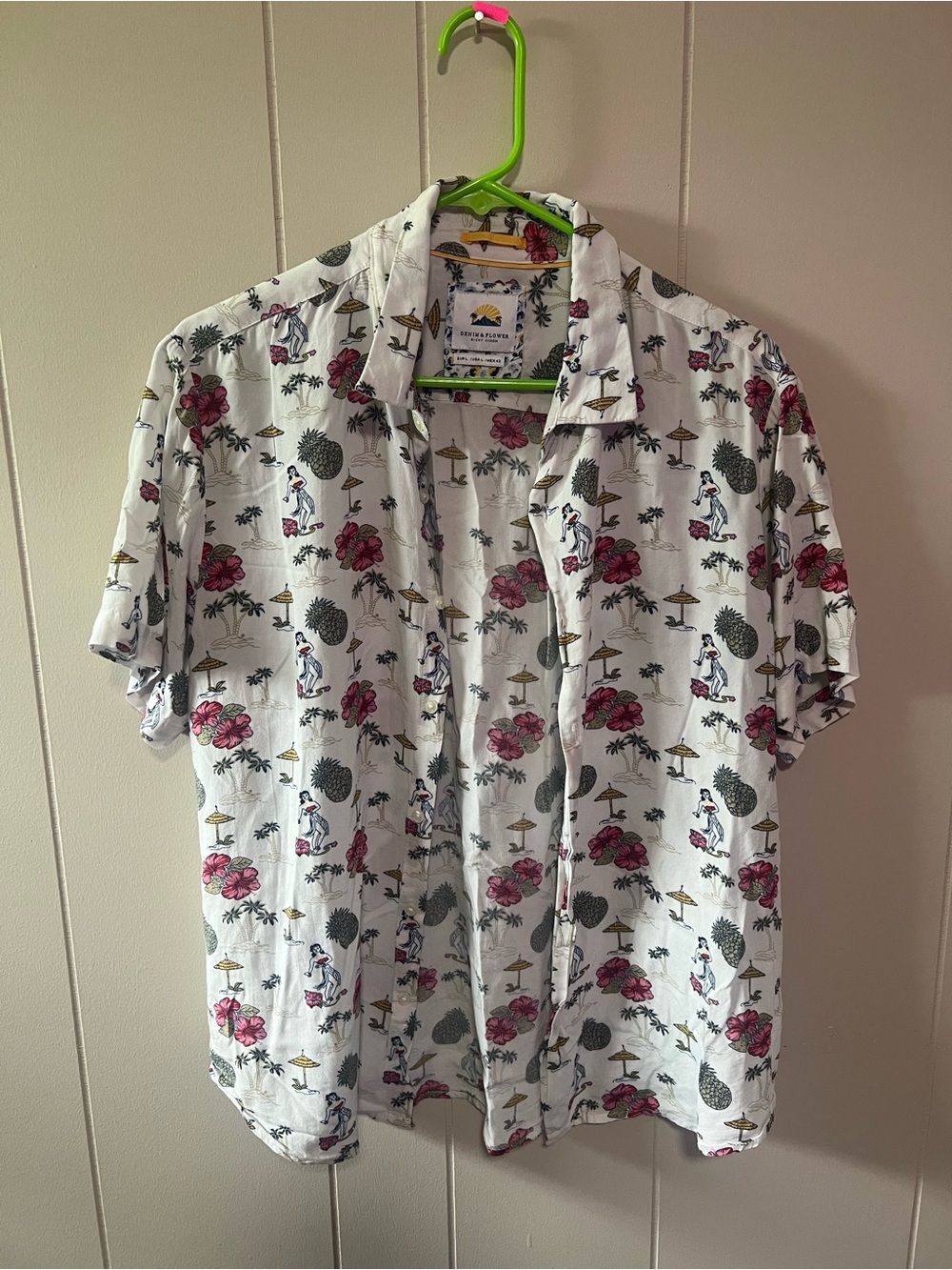 Denim & Flower White Short-Sleeve Button-Down with Pink Floral & Green Accents